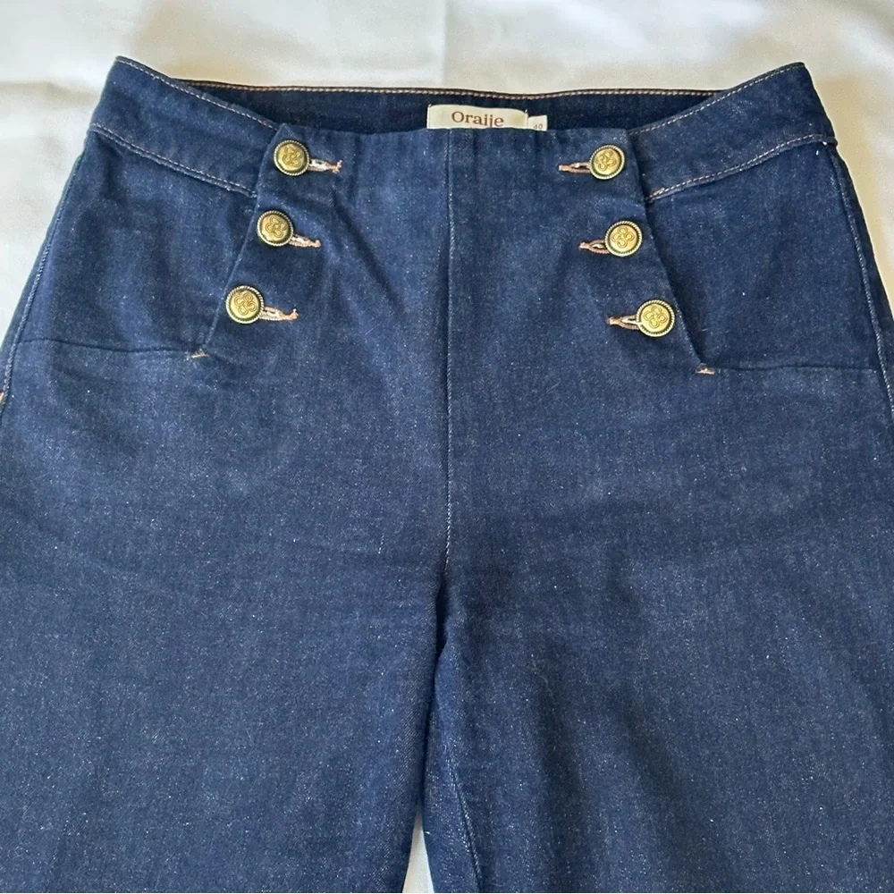 Denim SailorJeans Blue Flare Wide Leg with Gold Buttons Size Large 99% COTTON - Picture 5 of 16